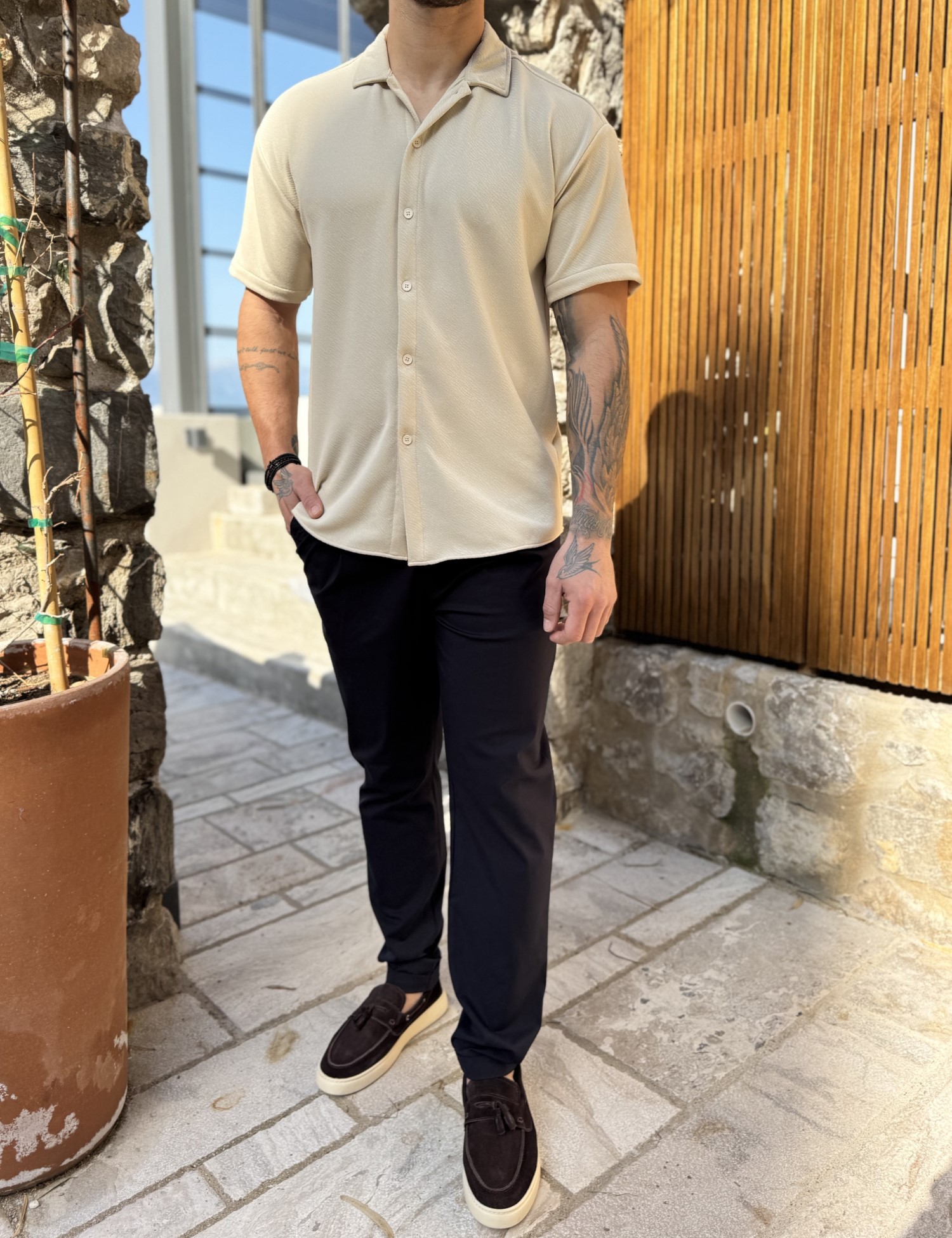 Ανδρικό γκοφρέ μπεζ oversized κοντομάνικο πουκάμισο RMZ19138B φωτογραφία